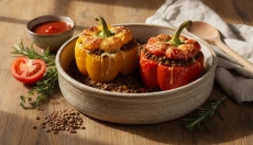 Ragú de lentilles comme garniture pour poivrons farcis gratinés