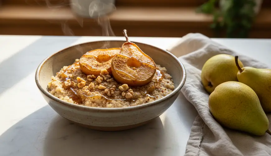 Essayez la bouillie sucrée de quinoa aux poires rôties